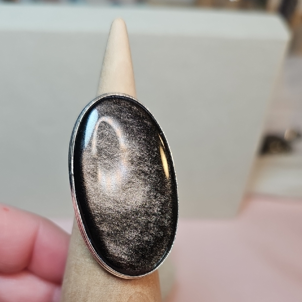 Gold Flash Obsidian Silver Ring 2 Inch Stone